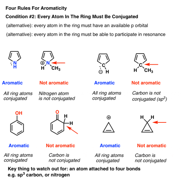 four rules for aromaticity rule two every atom in ring must be conjugated no sp3 carbons with 4 atoms attached