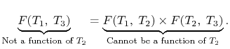 $\displaystyle \underbrace{F(T_1,\;T_3)}_\textrm{Not a function of $T_2$}
= \underbrace{F(T_1,\;T_2)\times F(T_2,\;T_3)}_\textrm{Cannot be a
function of $T_2$}.$