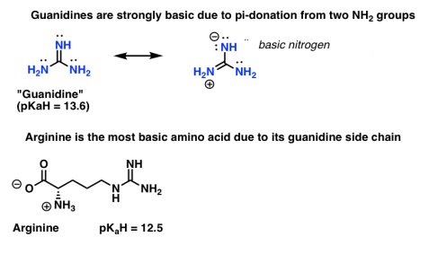guanidines are strongly basic due to pi donation from two nh2 groups this is why arginine is most basic amino acid