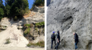 Figure 15.4 Left: Glacial outwash deposits at Point Grey, in Vancouver. The dark lower layer is made up of sand, silt, and clay. The light upper layer is well-sorted sand. Right: Glacial till on Quadra Island, B.C. The till is strong enough to have formed a near-vertical slope. [SE]