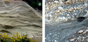Figure 16.32 Examples of glaciofluvial sediments: a: glaciofluvial sand of the Quadra Sand Formation at Comox, B.C.; b: glaciofluvial gravel and sand, Nanaimo, B.C.