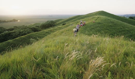 Hikers climb the rolling ridges of the Loess Hills in western Iowa. The hills grew during the last ice age as loess—a dusty, wind-blown silt—piled into high dunes, which later hardened and were sculpted by erosion.