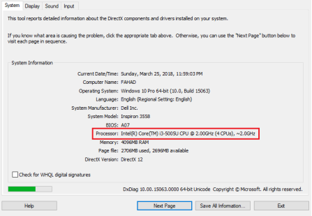 Processor Info of windows 10