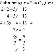 Substituting x = 2 in (1) gives 2(2) + 3y = 13, so we find y = 3