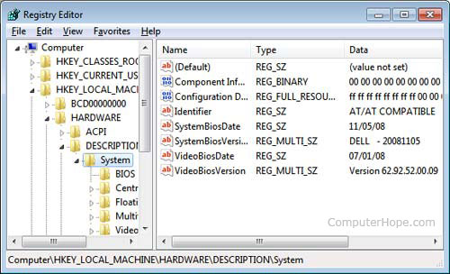 BIOS in the Windows Registry Editor