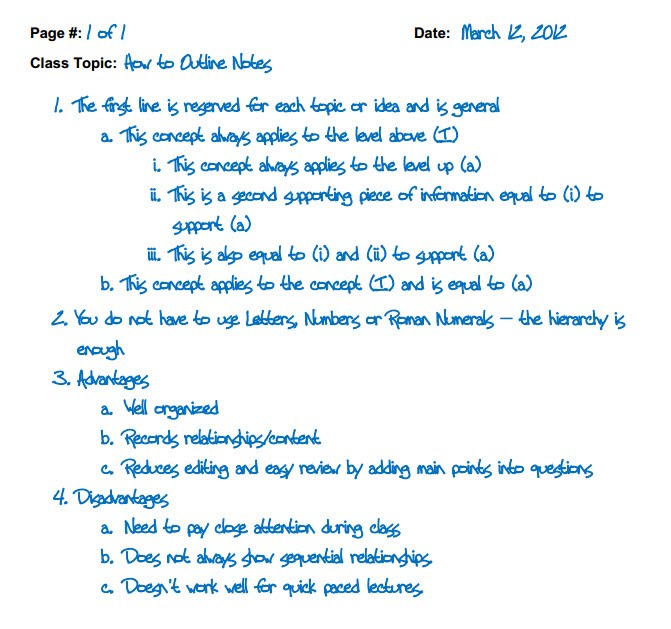 Outline note method example.