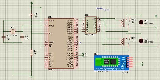 Circuit diagram to interface bluetooth to 8051 using a relay