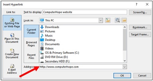 Insert hyperlink window in Microsoft Word