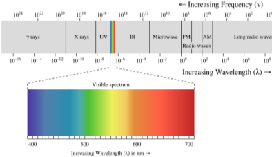 The electromagnetic spectrum is comprised of all the varieties of radiation in the universe. Gamma rays have the highest frequency, whereas radio waves have the lowest. Visible light is approximately in the middle of the spectrum, and comprises a very small fraction of the overall spectrum.