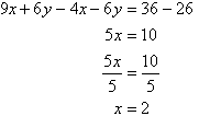 9x + 6y - 4x - 6y = 36 - 26, so x = 2