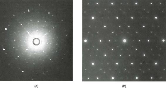 Picture A is a photograph of the diffraction pattern obtained in scattering on a crystalline solid with X-rays. Picture B is a photograph of the diffraction pattern obtained in scattering on a crystalline solid with electrons. Both pictures demonstrate diffracted spots symmetrically arranged around the central beam.